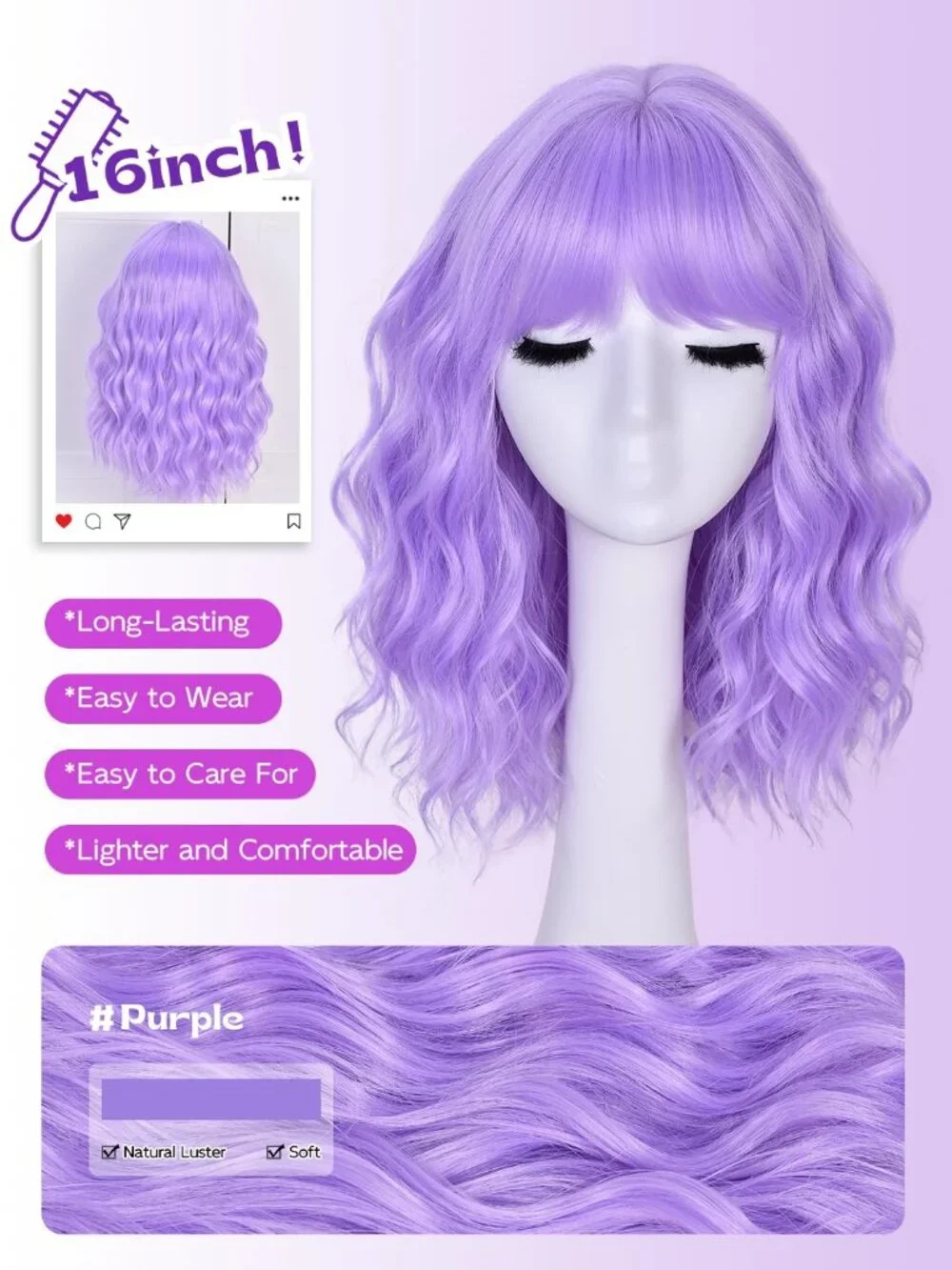 Women's Purple 14 Inch Natural Synthetic Short Curly Wavy Fiber Wigs